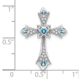 10k White Gold Cross Pendant with Swiss Blue Topaz and Diamond Accents, Fleur de Lis Style