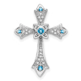 10k White Gold Cross Pendant with Swiss Blue Topaz and Diamond Accents, Fleur de Lis Style