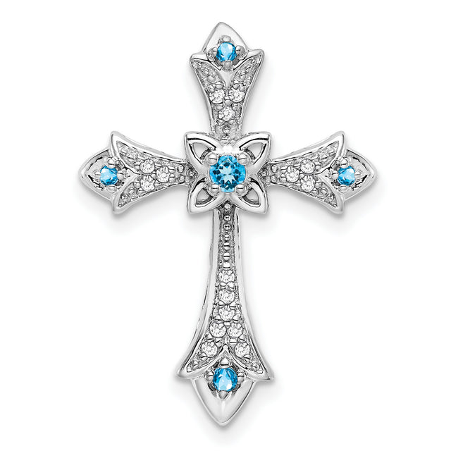 10k White Gold Cross Pendant with Swiss Blue Topaz and Diamond Accents, Fleur de Lis Style
