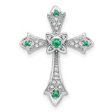10k White Gold Cross Pendant with Emerald and Diamond Accents, Fleur de Lis Design