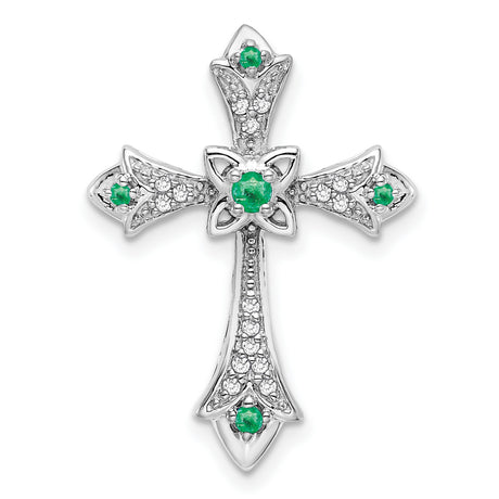 10k White Gold Cross Pendant with Emerald and Diamond Accents, Fleur de Lis Design