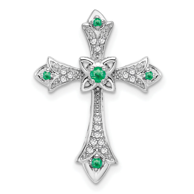 10k White Gold Cross Pendant with Emerald and Diamond Accents, Fleur de Lis Design