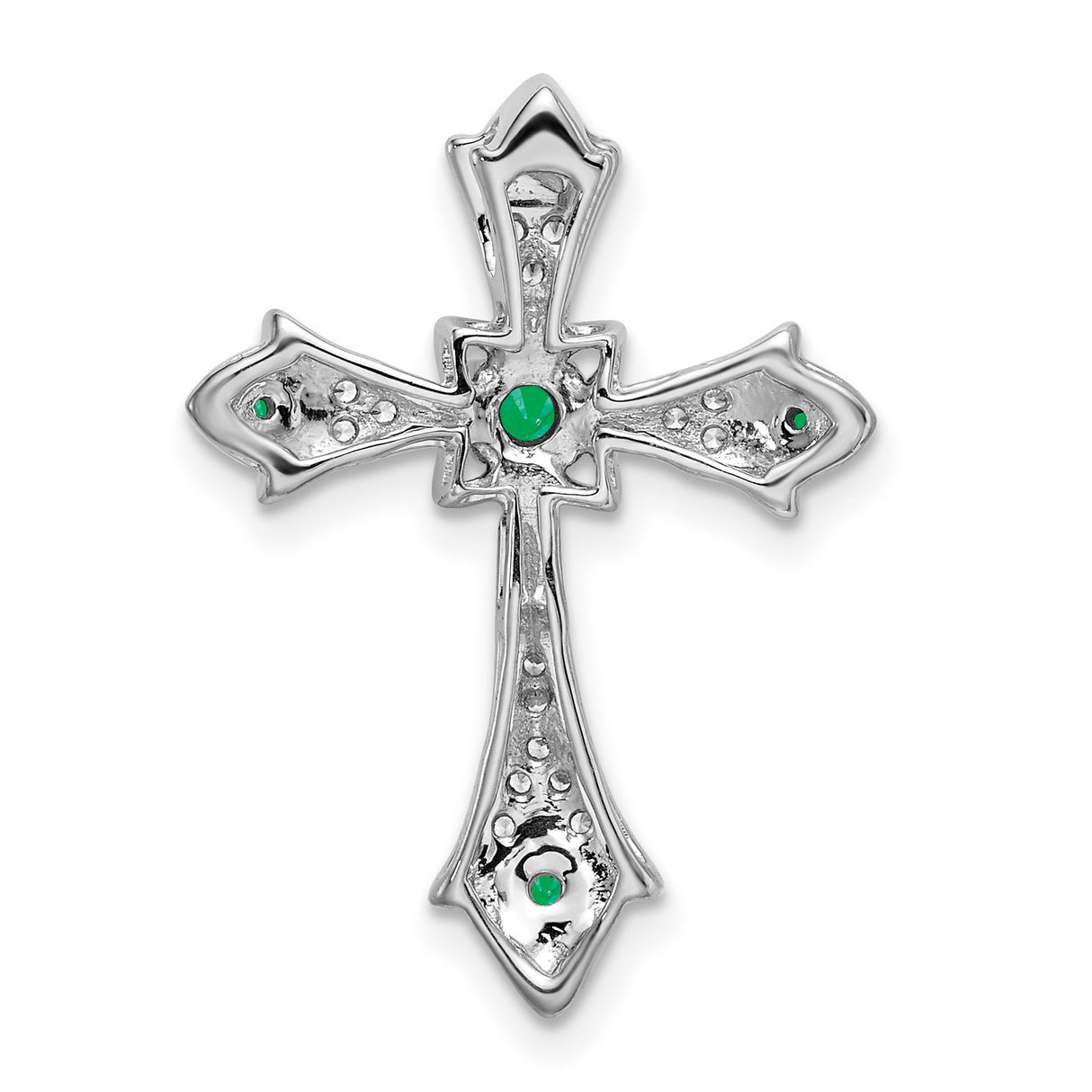 14k White Gold Cross Pendant with Emerald and Diamond Accents, Fleur de Lis Filigree Style