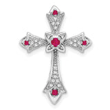 10k White Gold Fleur de Lis Cross Pendant with Rubies and Diamonds