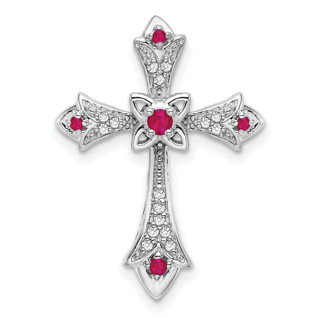 10k White Gold Fleur de Lis Cross Pendant with Rubies and Diamonds