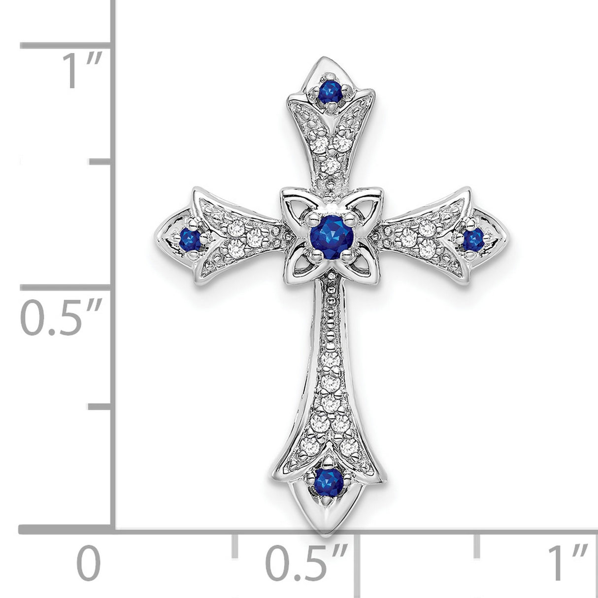 10k White Gold Cross Pendant with Sapphire and Diamond, Fleur de Lis Design