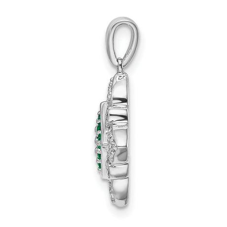 14k White Gold Pendant with Emerald and Diamond, Geometric Floral Design