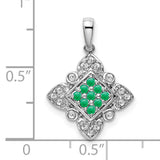 14k White Gold Pendant with Emerald and Diamond, Geometric Floral Design