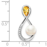 10k White Gold Pendant with Citrine and Pearl, Infinity Loop Design, Diamond Accents