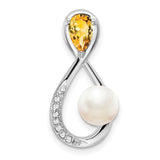 10k White Gold Pendant with Citrine and Pearl, Infinity Loop Design, Diamond Accents