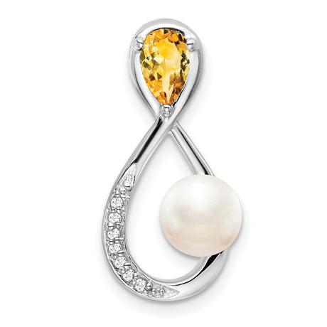 10k White Gold Pendant with Citrine and Pearl, Infinity Loop Design, Diamond Accents
