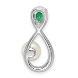 14k White Gold Pendant with Cultured Pearl, Green Emerald, and Diamond Accents in Infinity Design