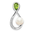 14k White Gold Infinity Pendant with White Pearl, Peridot, and Diamond Accents
