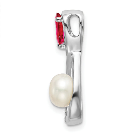 14k White Gold Pendant with Freshwater Pearl, Ruby, Diamond Accents, Teardrop Infinity Design