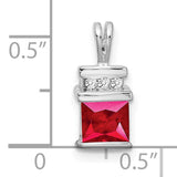 14k White Gold Pendant with Princess Cut Ruby and Diamond Accents, Modern Minimalist Design