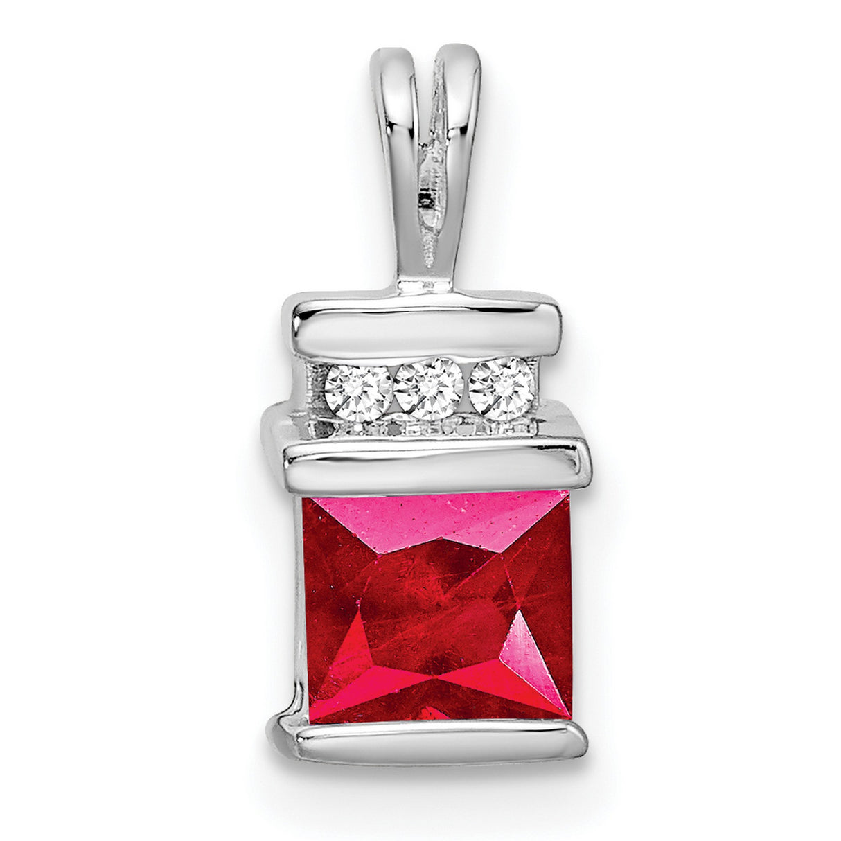 14k White Gold Pendant with Princess Cut Ruby and Diamond Accents, Modern Minimalist Design