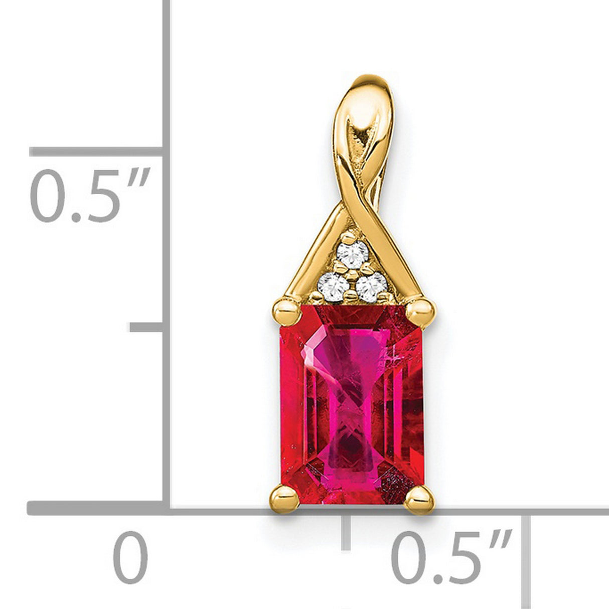 Emerald-shape Ruby and Diamond Charm Pendant in Real 14k Yellow Gold