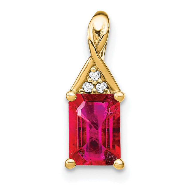 Emerald-shape Ruby and Diamond Charm Pendant in Real 14k Yellow Gold