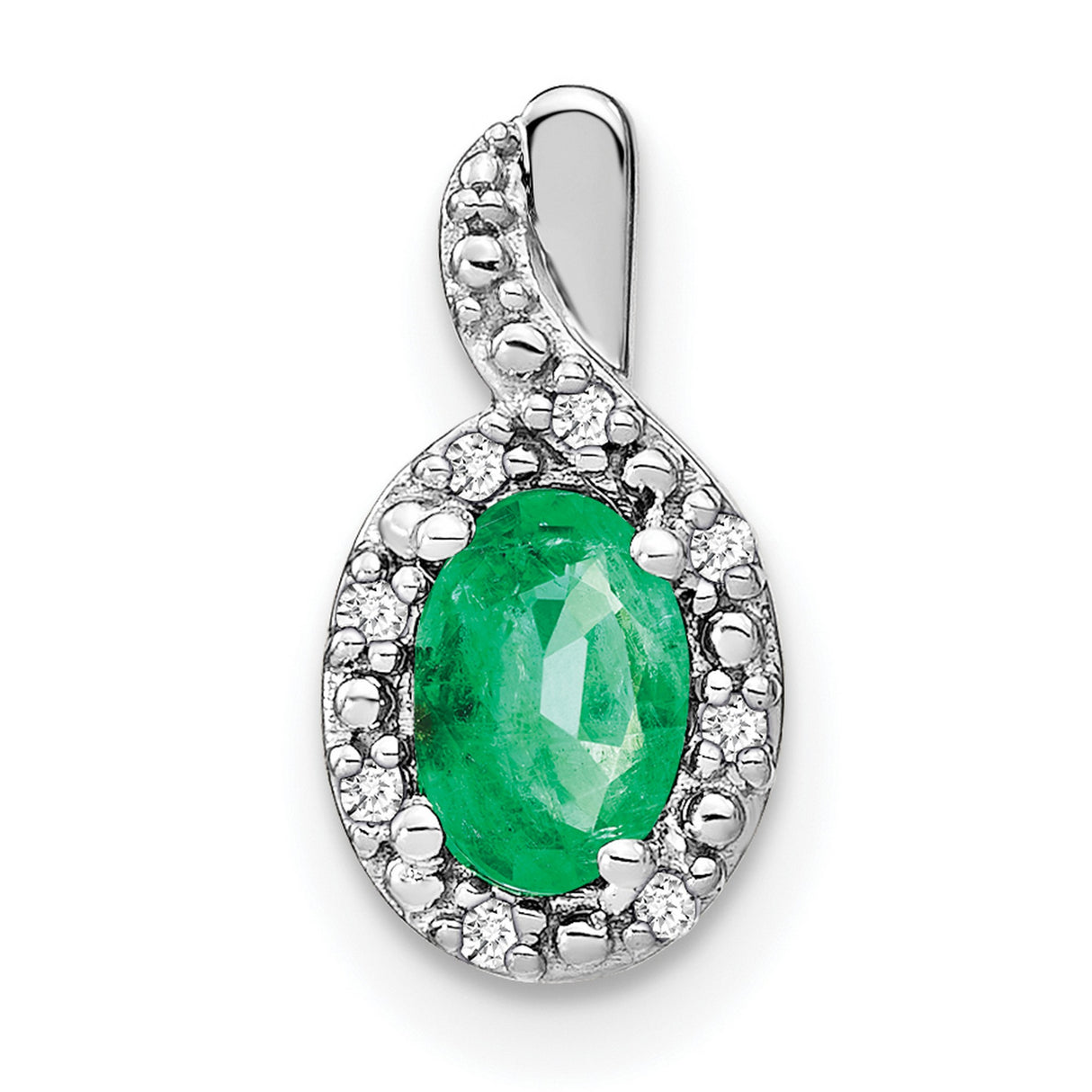 Oval Emerald and Diamond Charm Pendant in Real 14k White Gold