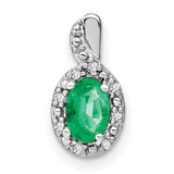 Oval Emerald and Diamond Charm Pendant in Real 14k White Gold