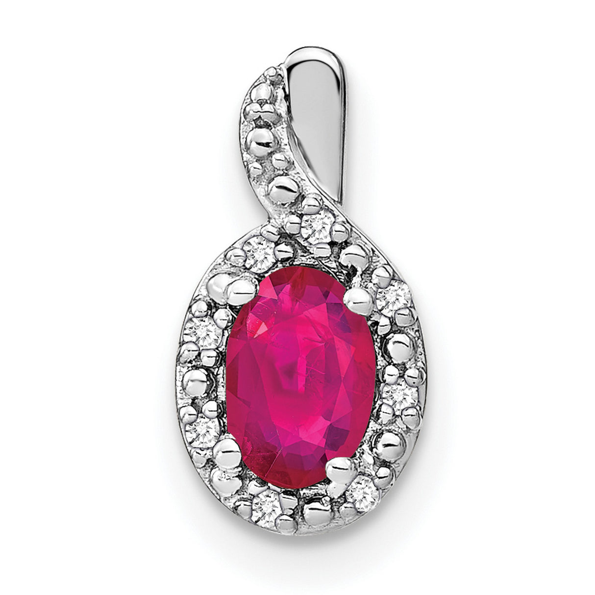 14k White Gold Ruby Pendant with Diamond Halo, Infinity Swirl Design