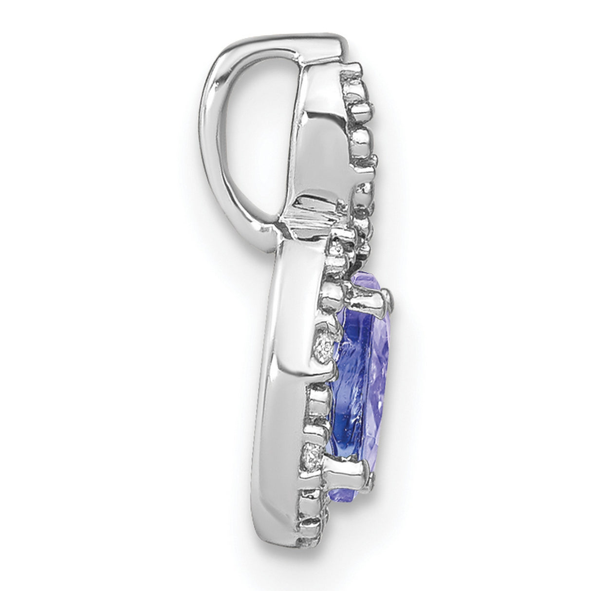 14k White Gold Pendant with Tanzanite and Diamond Halo, Swirl Design