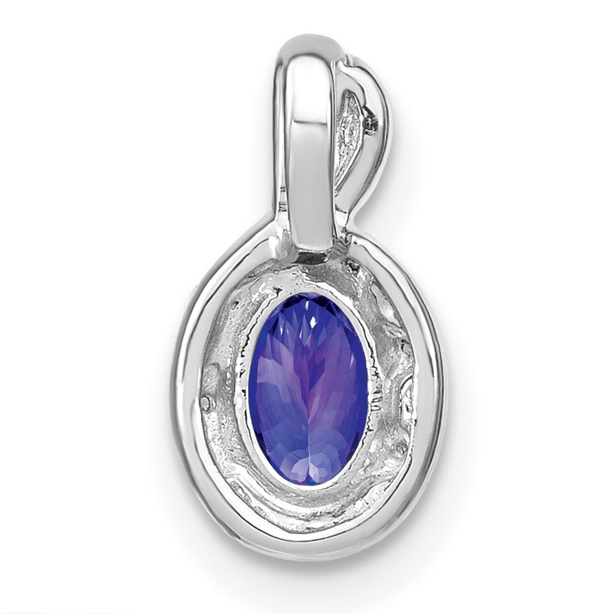 14k White Gold Pendant with Tanzanite and Diamond Halo, Swirl Design