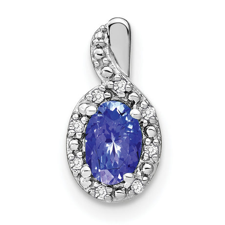 14k White Gold Pendant with Tanzanite and Diamond Halo, Swirl Design