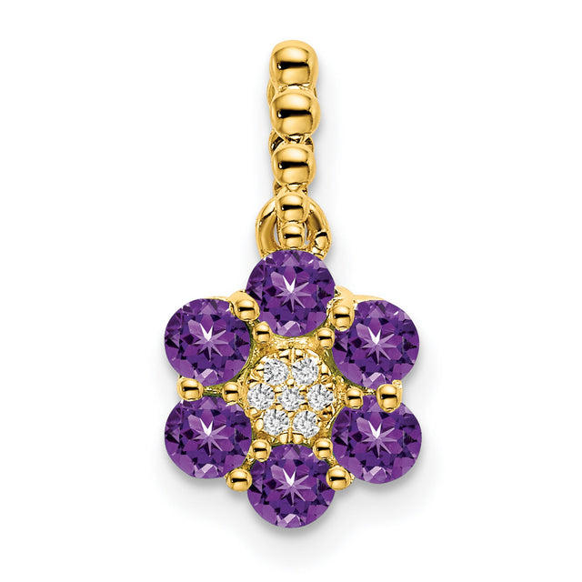 14k Yellow Gold Flower Pendant with Amethyst and Diamond Accents for Women