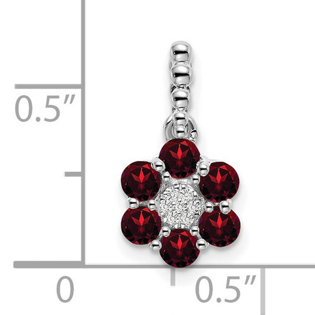 14k White Gold Pendant with Garnet and Diamond, Floral Design Jewelry Charm for Women