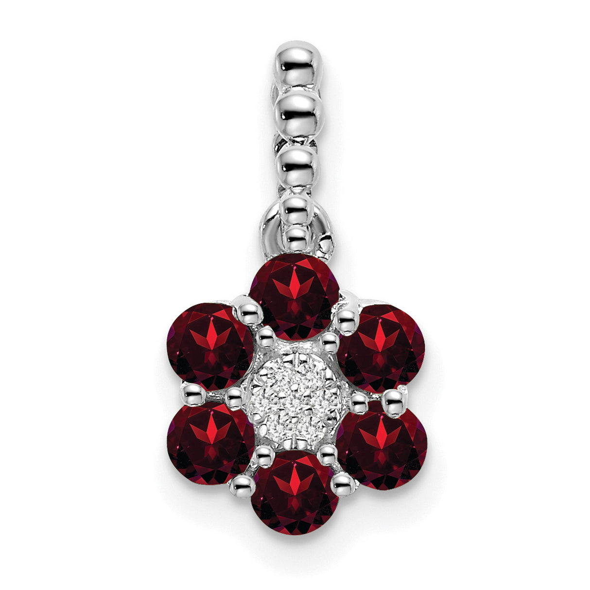 14k White Gold Pendant with Garnet and Diamond, Floral Design Jewelry Charm for Women