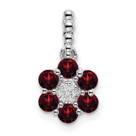 14k White Gold Pendant with Garnet and Diamond, Floral Design Jewelry Charm for Women