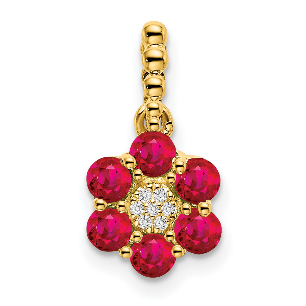 14k Yellow Gold Flower Pendant with Ruby and Diamond Cluster, Nature-Inspired Design for Women
