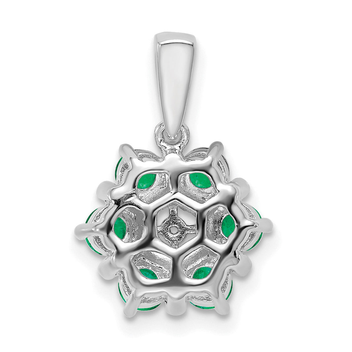 14k White Gold Pendant with Green Emeralds and Diamonds, Floral Snowflake Design