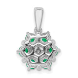 14k White Gold Pendant with Green Emeralds and Diamonds, Floral Snowflake Design