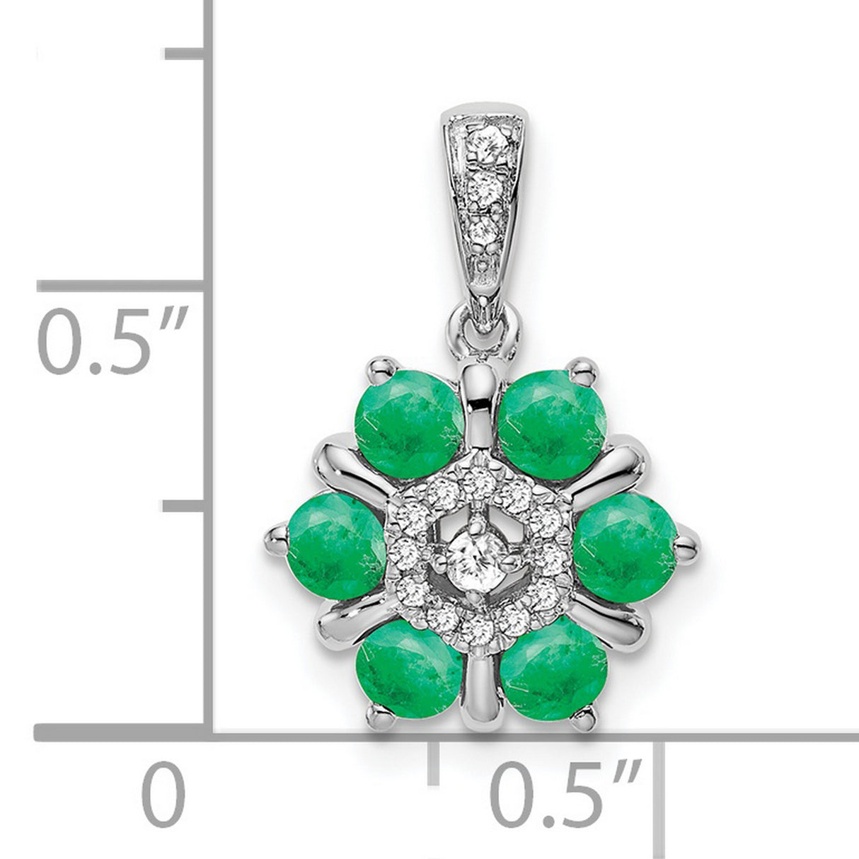 14k White Gold Pendant with Green Emeralds and Diamonds, Floral Snowflake Design