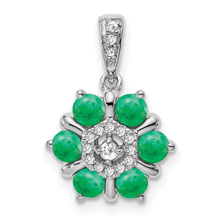 14k White Gold Pendant with Green Emeralds and Diamonds, Floral Snowflake Design
