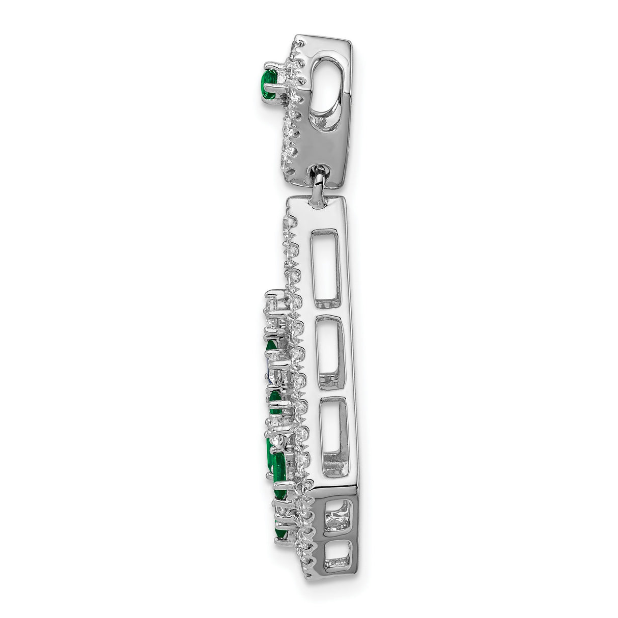 14k White Gold Pendant with Emerald and Diamond, Kite Shape and Geometric Openwork Design