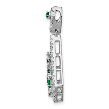14k White Gold Pendant with Emerald and Diamond, Kite Shape and Geometric Openwork Design