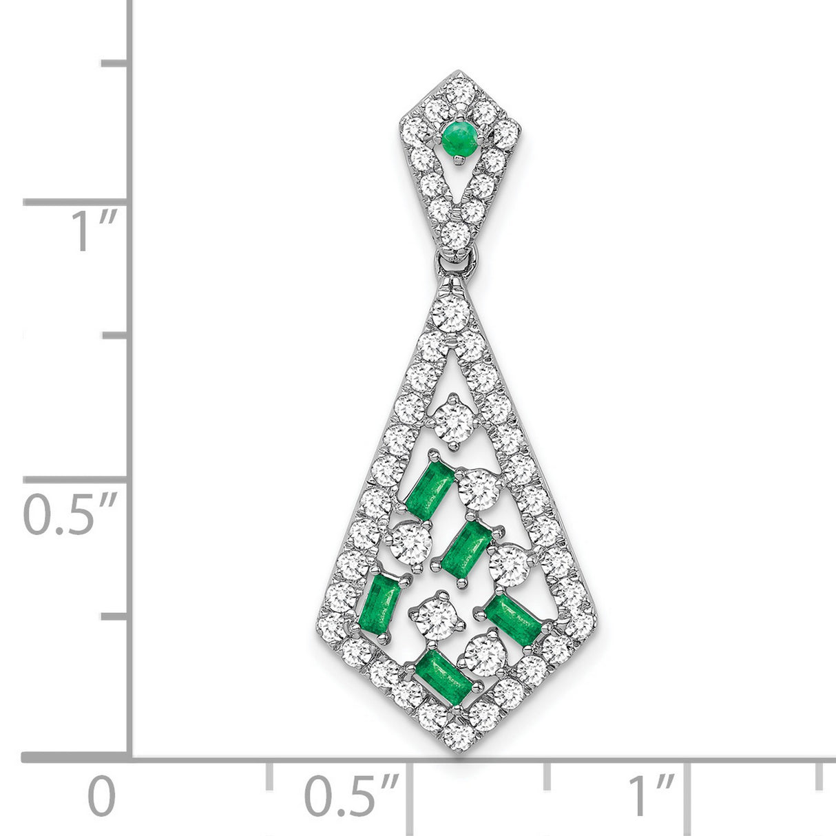 14k White Gold Pendant with Emerald and Diamond, Kite Shape and Geometric Openwork Design