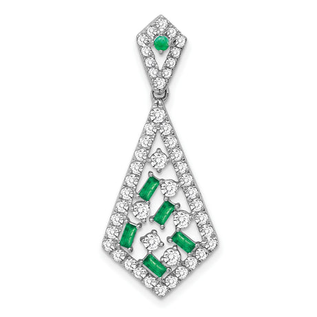 14k White Gold Pendant with Emerald and Diamond, Kite Shape and Geometric Openwork Design