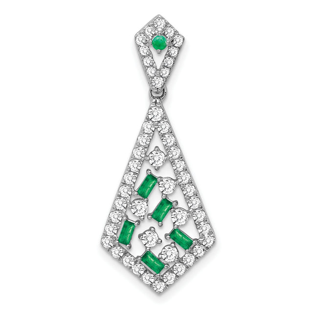 14k White Gold Pendant with Emerald and Diamond, Kite Shape and Geometric Openwork Design