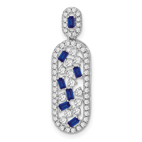14k White Gold Pendant with Baguette Blue Sapphires and Round Diamonds, Modern Design