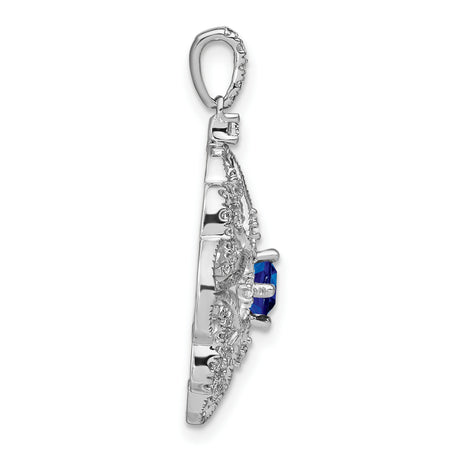 14k White Gold Filigree Pendant with Blue Sapphire and Diamond Accents, Vintage Floral Heart Design
