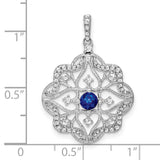 14k White Gold Filigree Pendant with Blue Sapphire and Diamond Accents, Vintage Floral Heart Design