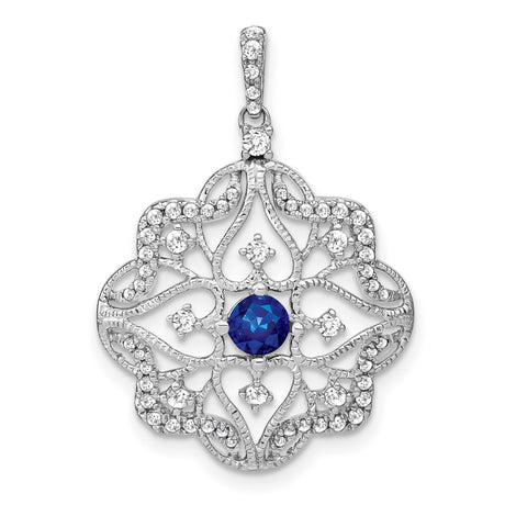 14k White Gold Filigree Pendant with Blue Sapphire and Diamond Accents, Vintage Floral Heart Design
