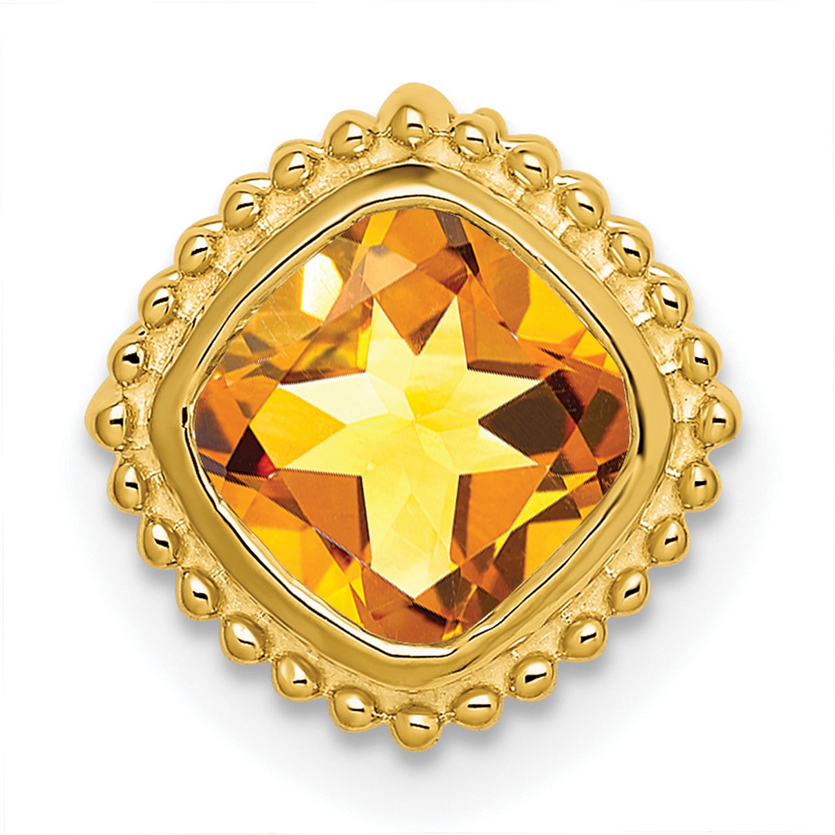 14k Yellow Gold Ring with Cushion Cut Citrine, Beaded Border, Starburst Design
