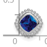 14k White Gold Charm Pendant with Cushion-Cut Sapphire and Beaded Border