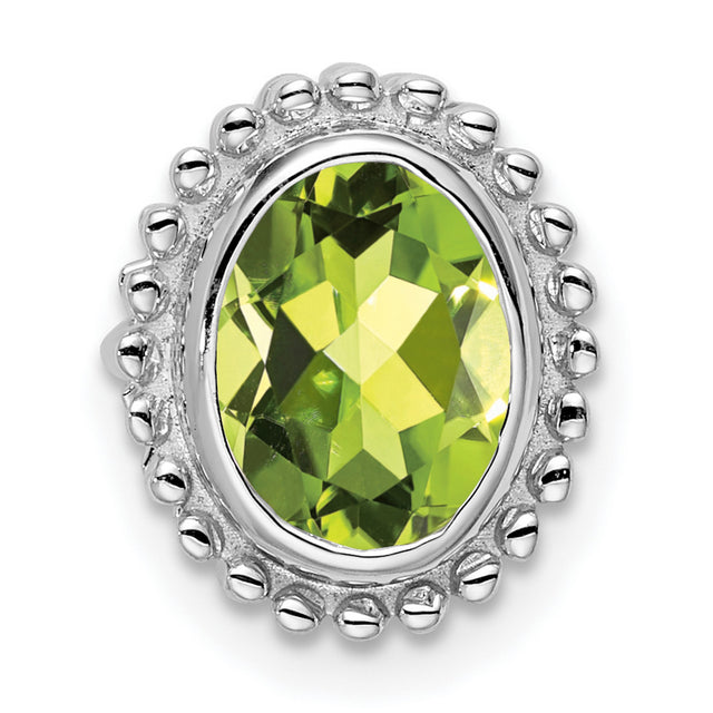 14k White Gold Ring with Oval Peridot, Beaded Halo Setting, Polished Finish