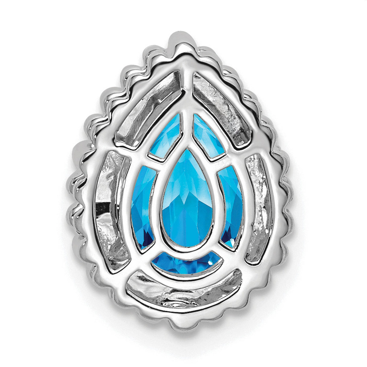 14k White Gold Pendant with Pear Shaped Swiss Blue Topaz, Beaded Halo Teardrop Design